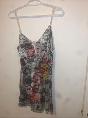 HAVOC VIOLENCE Newspaper Print Slip Dress with Red Accent